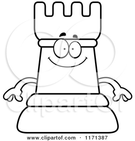 Cartoon Clipart Of A Happy Black Chess Rook Mascot - Vector Outlined Coloring Page by Cory Thoman