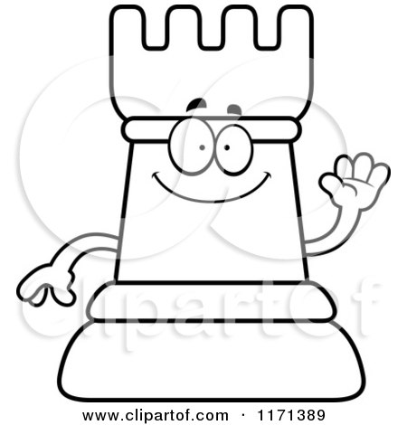 Cartoon Clipart Of A Waving Black Chess Rook Mascot - Vector Outlined Coloring Page by Cory Thoman