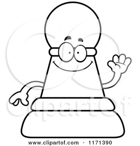 Cartoon Clipart Of A Waving Black Chess Pawn Mascot - Vector Outlined Coloring Page by Cory Thoman