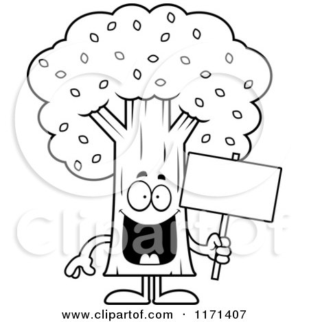 Cartoon Clipart Of A Happy Tree Mascot Holding a Sign - Vector Outlined Coloring Page by Cory Thoman