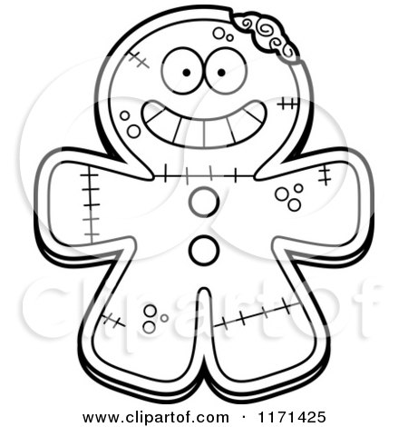 Cartoon Clipart Of A Grinning Happy Gingerbread Zombie Mascot - Vector Outlined Coloring Page by Cory Thoman