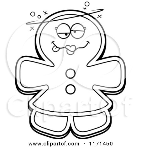 Cartoon Clipart Of A Drunk Gingerbread Woman Mascot - Vector Outlined Coloring Page by Cory Thoman