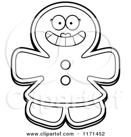 Cartoon Clipart Of A Grinning Happy Gingerbread Woman Mascot - Vector Outlined Coloring Page by Cory Thoman