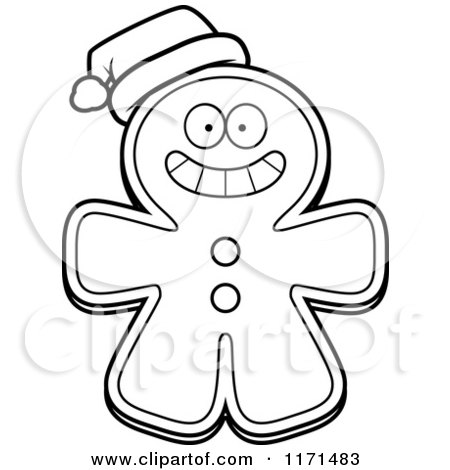 Cartoon Clipart Of A Christmas Gingerbread Man Mascot Wearing a Santa Hat - Vector Outlined Coloring Page by Cory Thoman