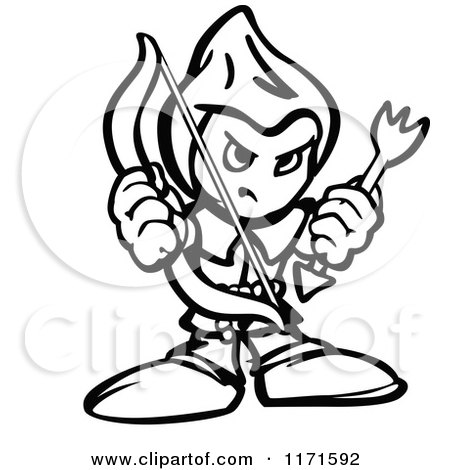 Cartoon of a Tough Black and White Archer Holding a Bow and Arrow - Royalty Free Vector Clipart by Chromaco
