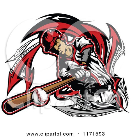 Clipart of a Baseball Player Hitting a Ball with a Bat over Arrows - Royalty Free Vector Illustration by Chromaco
