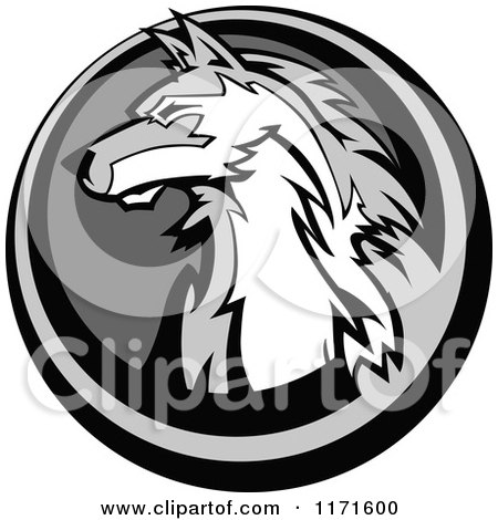 Clipart of a Grayscale Wolf Head in a Circle - Royalty Free Vector Illustration by Chromaco