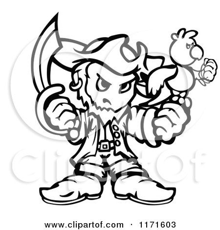 Cartoon of a Tough Black and White Pirate Holding a Sword and Parrot - Royalty Free Vector Clipart by Chromaco