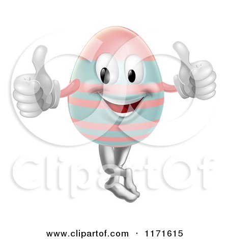 Cartoon of a Striped Pink and Blue Easter Egg Mascot Holding Two Thumbs up - Royalty Free Vector Clipart by AtStockIllustration