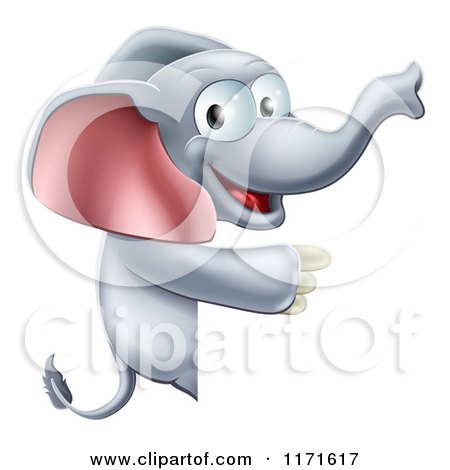 Cartoon of a Happy Elephant Pointing to a Sign - Royalty Free Vector Clipart by AtStockIllustration