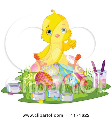 Cartoon of a Cute Easter Chick Giving a Thumbs up and Sitting on Painted Eggs - Royalty Free Vector Clipart by Pushkin