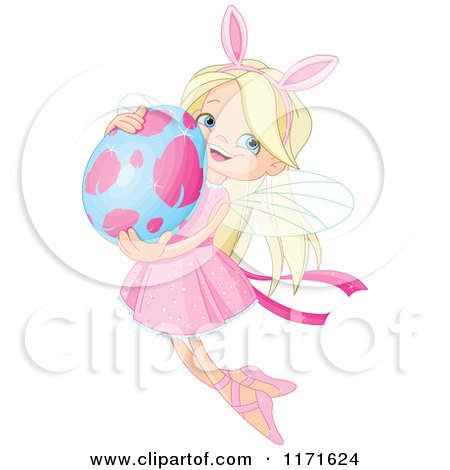 Cartoon of a Blond Fairy Girl Wearing Bunny Ears and Flying with an Easter Egg - Royalty Free Vector Clipart by Pushkin