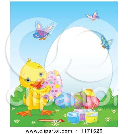 Cartoon of a Cute Easter Duck with Decorated Eggs by a Frame with Butterflies - Royalty Free Vector Clipart by Pushkin