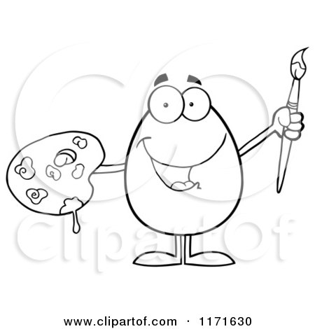 Cartoon of a Black and White Easter Egg Mascot Holding a Paintbrush and Palette - Royalty Free Vector Clipart by Hit Toon