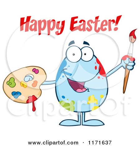 Cartoon of Happy Easter Text over a Blue Egg Mascot Holding a Paintbrush and Palette - Royalty Free Vector Clipart by Hit Toon