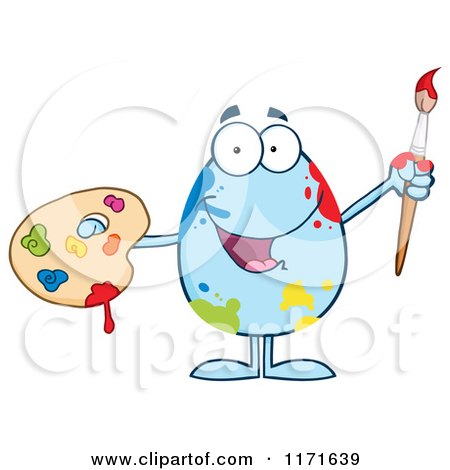 Cartoon of a Blue Easter Egg Mascot Spattered and Holding a Paintbrush and Palette - Royalty Free Vector Clipart by Hit Toon