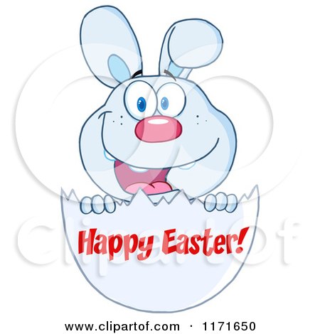 Cartoon of a Bunny with Happy Easter Text on an Egg Shell - Royalty Free Vector Clipart by Hit Toon