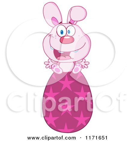 Cartoon of a Happy Pink Easter Bunny Sitting on a Star Egg - Royalty Free Vector Clipart by Hit Toon