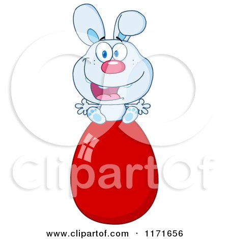Cartoon of a Happy Blue Easter Bunny Sitting on a Red Egg - Royalty Free Vector Clipart by Hit Toon