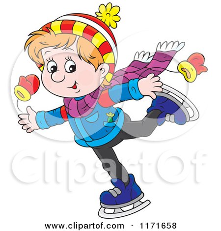Cartoon of a Happy Boy Ice Skating - Royalty Free Vector Clipart by Alex Bannykh