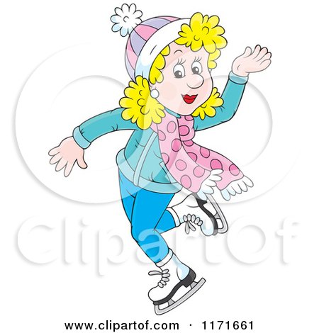 Cartoon of a Happy Blond Woman Ice Skating Ice Skating - Royalty Free Vector Clipart by Alex Bannykh