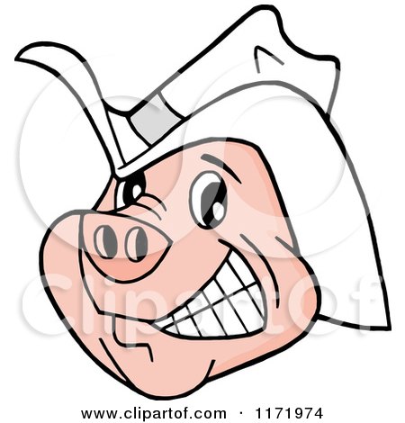 Cartoon of a Grinning Pig Wearing a White Cowboy Hat - Royalty Free Vector Clipart by LaffToon