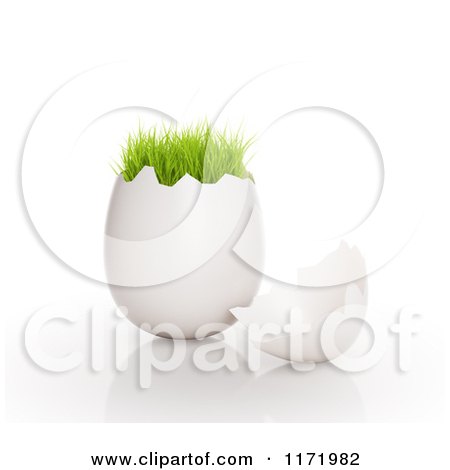 Clipart of a 3d Cracked Egg Shell with Green Grass Growing on the Top - Royalty Free CGI Illustration by Mopic