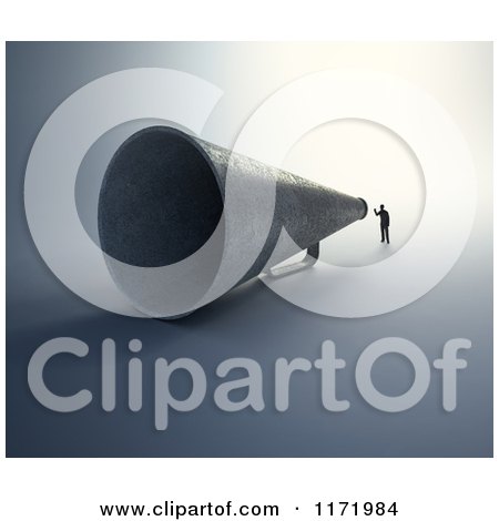 Clipart of a 3d Tiny Person Speaking Through a Giant Megaphone - Royalty Free CGI Illustration by Mopic