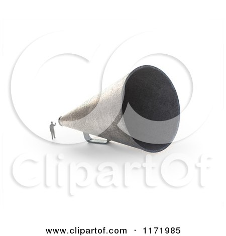 Clipart of a 3d Tiny Person Speaking Through a Giant Megaphone, on White - Royalty Free CGI Illustration by Mopic