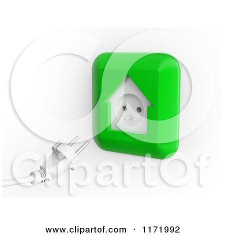 Clipart of a 3d Cable and Green House Shaped Electrical Socket, on White - Royalty Free CGI Illustration by Mopic