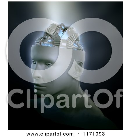 Clipart of a 3d Face and Head with Light Shining on a Gear Brain - Royalty Free CGI Illustration by Mopic