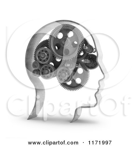 Clipart of a 3d Head with Gear Cogs for a Brain, over White - Royalty Free CGI Illustration by Mopic