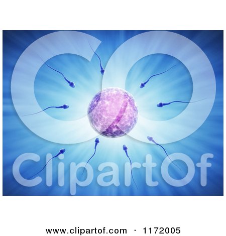 Clipart of 3d Sperm Cells Swimming to an Egg over Blue Rays - Royalty Free CGI Illustration by Mopic