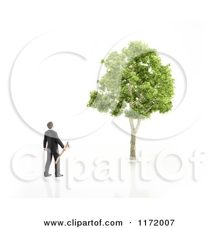 Clipart of a 3d Businessman Holding an Axe and Looking up at a Tree, on White - Royalty Free CGI Illustration by Mopic
