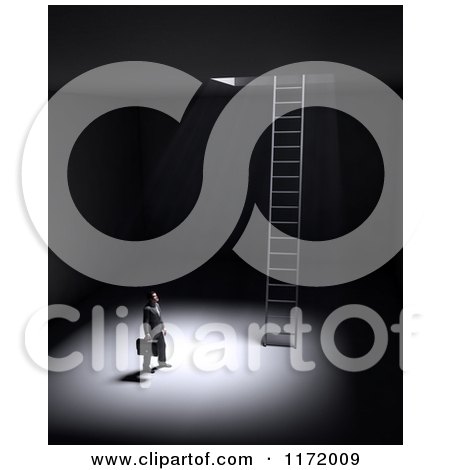 Clipart of a 3d Lone Businessman in a Dark Room Facing a Ladder Under a Window of Light - Royalty Free CGI Illustration by Mopic