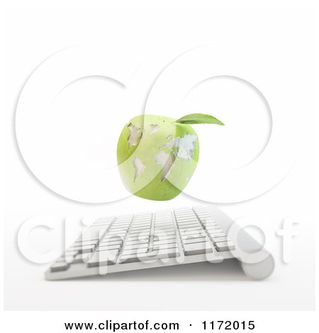 Clipart of a 3d Green Apple Globe over a Computer Keyboard - Royalty Free CGI Illustration by Mopic
