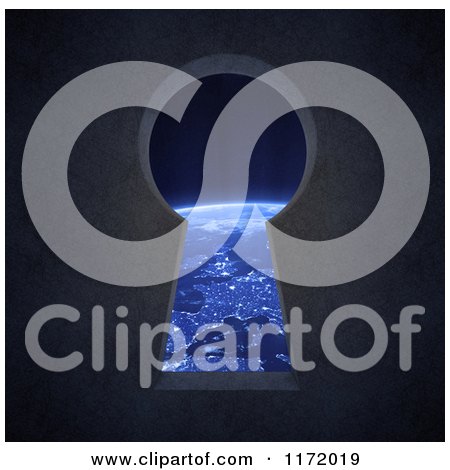 Clipart of a 3d Key Hole with a View of Europe on Earth at Night - Royalty Free CGI Illustration by Mopic