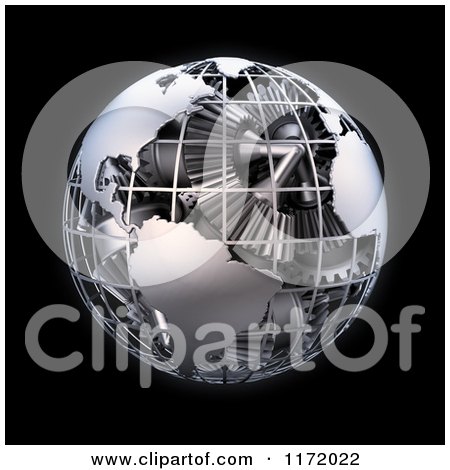 Clipart of a 3d Grid Metal Earth with a Gear Interior, on Black - Royalty Free CGI Illustration by Mopic