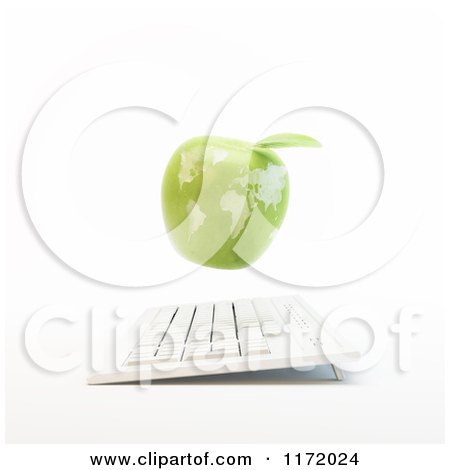 Clipart of a 3d Green Apple Globe Floating over a Computer Keyboard - Royalty Free CGI Illustration by Mopic