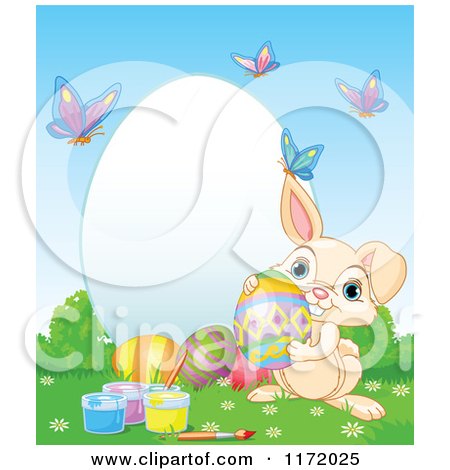 Cartoon of a Cute Beige Easter Bunny with Paint and Eggs by a Frame with Butterflies - Royalty Free Vector Clipart by Pushkin