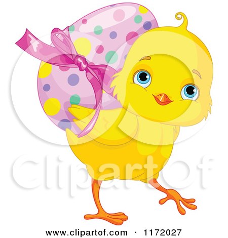 Cartoon of a Cute Yellow Easter Chick Carrying a Polka Dot Egg on Its Back - Royalty Free Vector Clipart by Pushkin