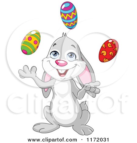 Cartoon of a Happy Easter Bunny Juggling Eggs - Royalty Free Vector Clipart by yayayoyo
