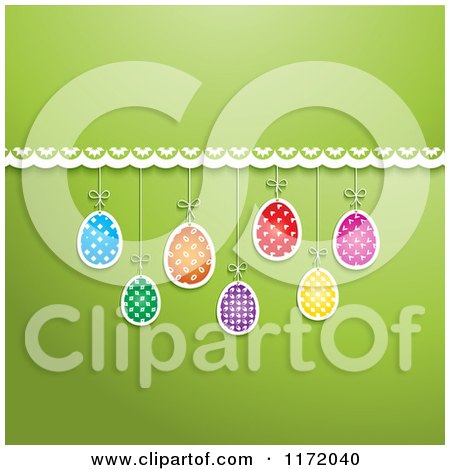 Cartoon of a Green Background with Lace and Hanging Easter Eggs - Royalty Free Vector Clipart by KJ Pargeter