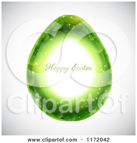 Cartoon of a Happy Easter Greeting over a Green Sparkly Egg on Gray - Royalty Free Vector Clipart by KJ Pargeter