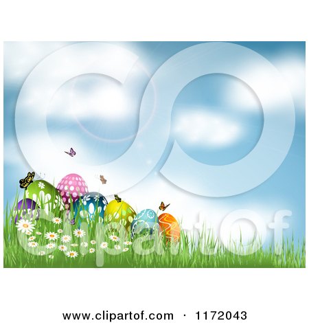 Cartoon of a Background of Sunshine over Easter Eggs and Butterflies in Grass - Royalty Free Vector Clipart by KJ Pargeter