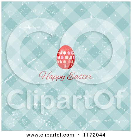 Cartoon of a Happy Easter Greeting Under a Red Egg on Grungy Gingham - Royalty Free Vector Clipart by KJ Pargeter
