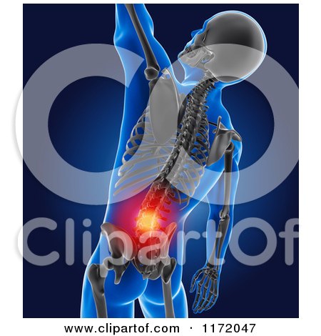 Clipart of a 3d Xray Man with Glowing Lower Back Pain and Visible Spine - Royalty Free CGI Illustration by KJ Pargeter