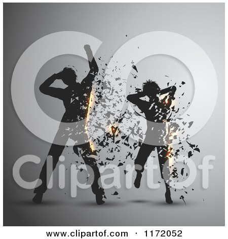 Cartoon of Silhouetted Dancers Exploding into Shards on Gray - Royalty Free Vector Clipart by KJ Pargeter