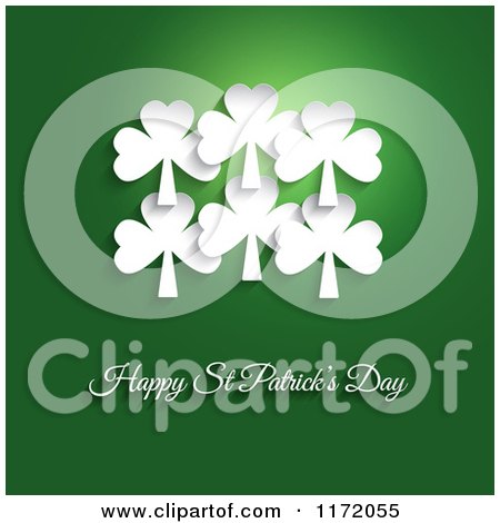 Cartoon of White Shamrocks over Happy St Patricks Day Text on Green - Royalty Free Vector Clipart by KJ Pargeter