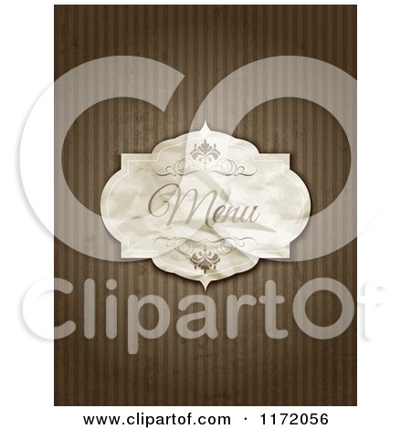 Cartoon of a Vintage Crumpled Menu Label on Grungy Brown Stripes - Royalty Free Vector Clipart by KJ Pargeter